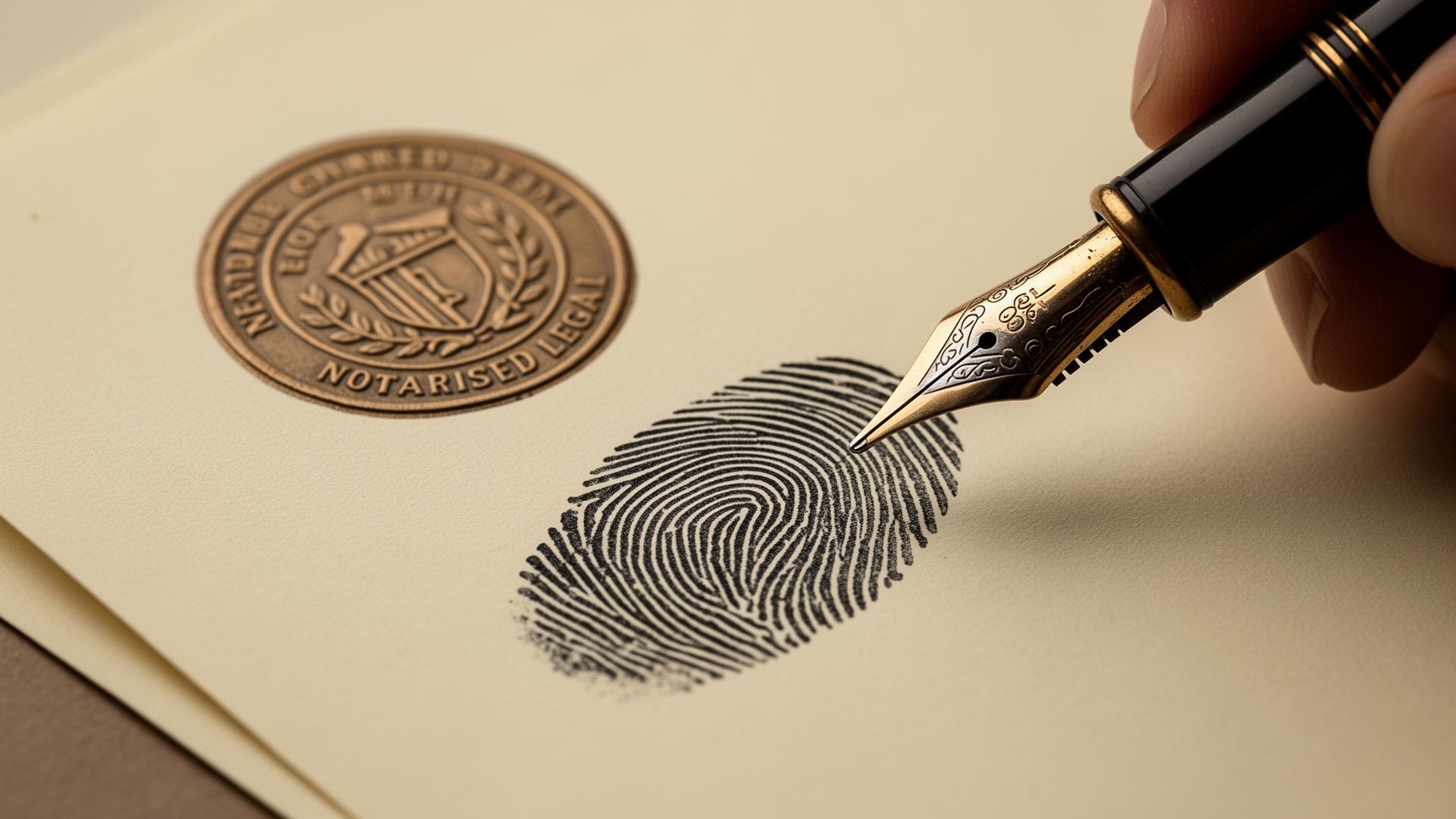 Notary seal, fingerprint impression, and fountain pen on cream paper
